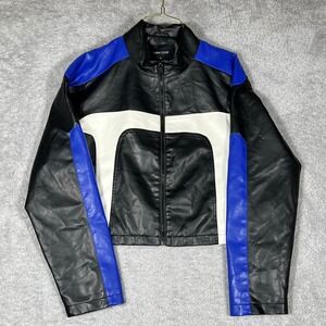 New Look Mens XL Faux Leather Colorblock Biker Jacket Black White Blue Zip Up